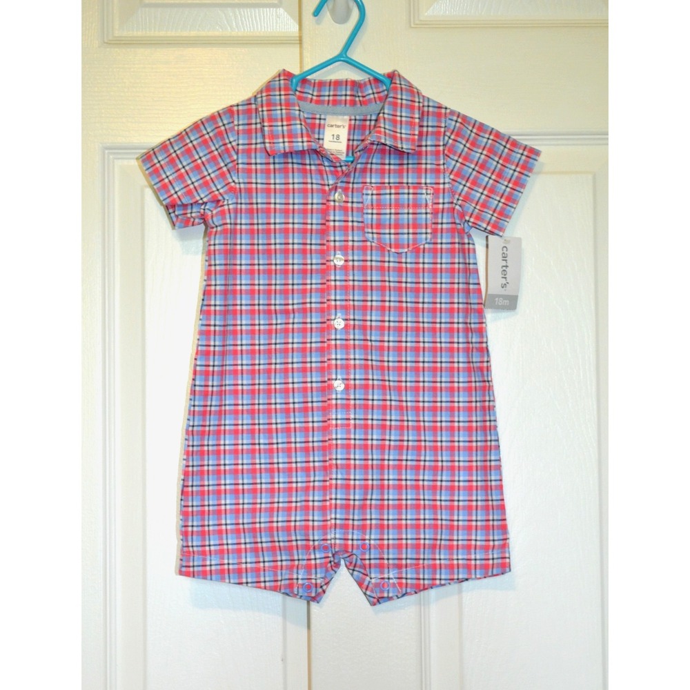 Nwt's Carter Boys Romper 18 Months White‎ w/ Red and Blue Plaid